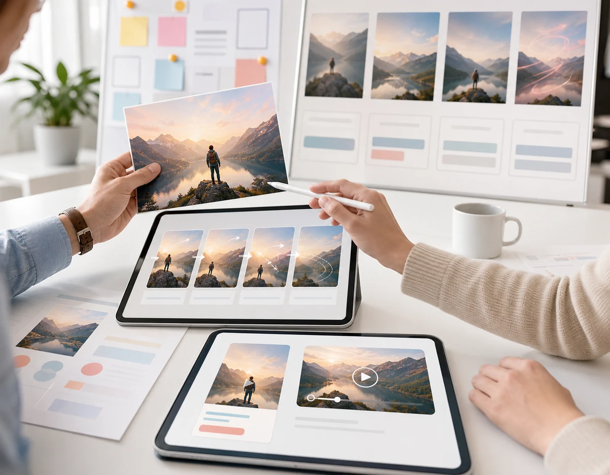 Marketing team converting campaign images into video assets
